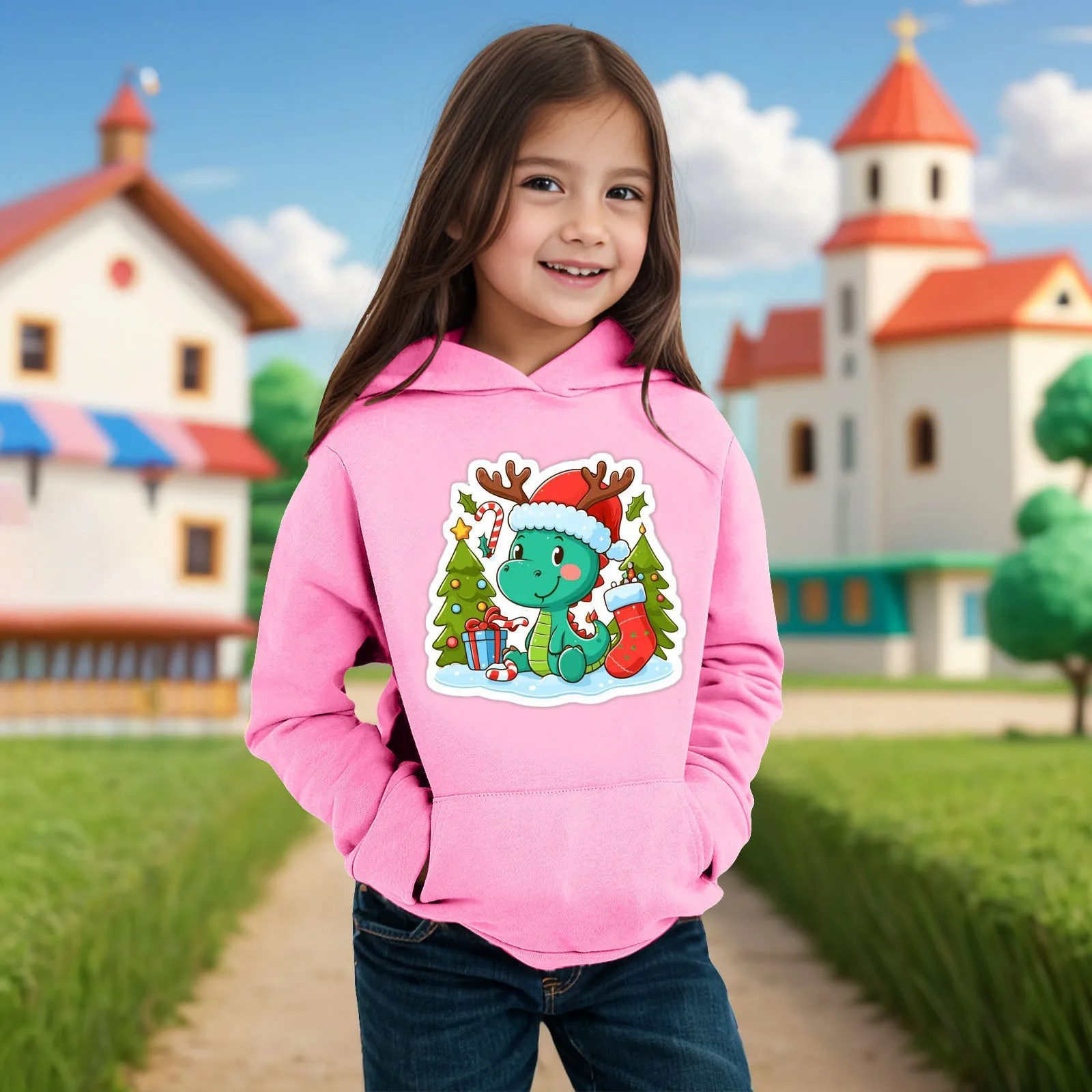 

Christmas Children Long Sleeved Casual Hoodie Clothing Cartoon Cute Dinosaur Printed Pullover Kids Girls Top Sweatshirt Hoodies