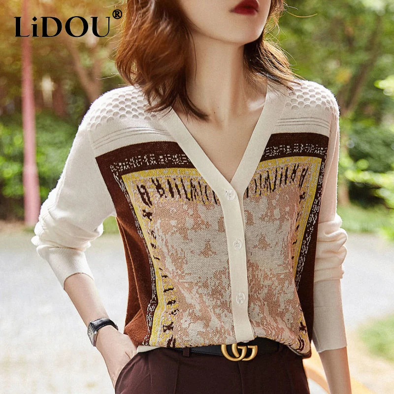 2023 Spring Autumn Printing Fashion V-neck Sweater Women High Street Casual Long Sleeve Button Cardigan Elegant All-match Tops