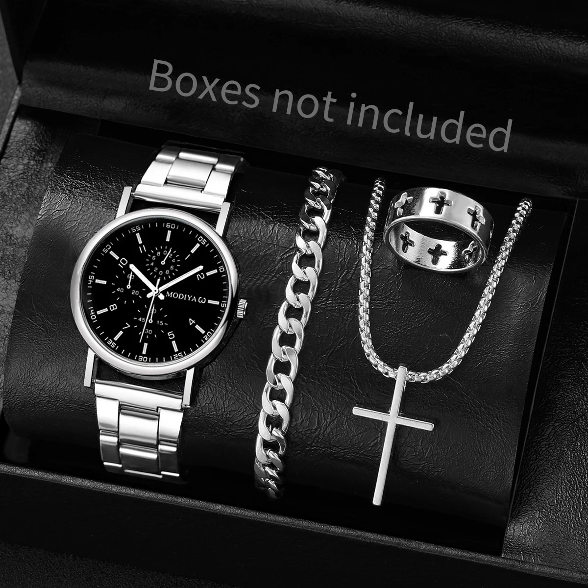 4PCS Fashion Men Business Watches Jewelry Set Casual Analog Quartz Wristwatch for Man Clock Reloj Hombre（Without Box）