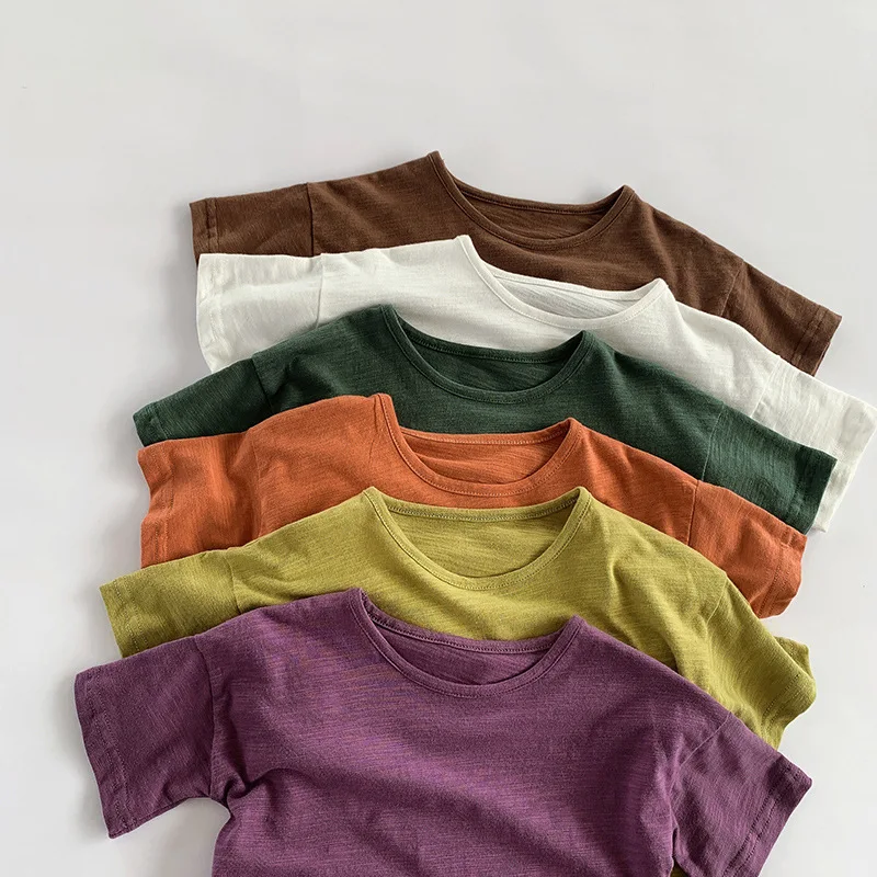 Summer Bamboo Cotton Children Short Sleeve Tees 9 Colored Solid Infant Babys Boys T-shirts Loose Round Collar 2-8Y Kids Boys Top