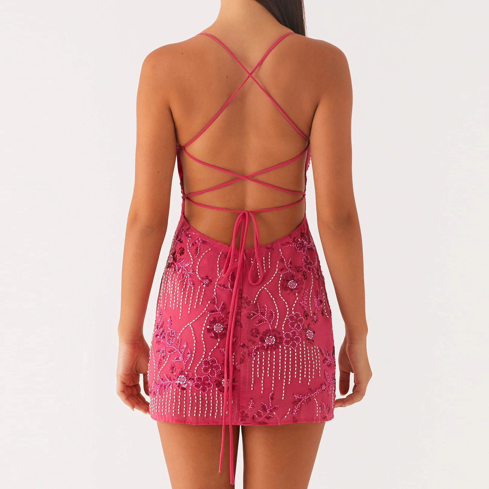 Women Sexy Beaded Sequins Flower Embroidery Sleeveless Cami Dress Summer Cross Backless Spaghetti Strap Mini Dresses