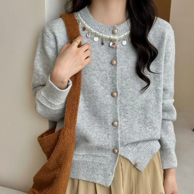 

Sequins Design Sweater for Women Autumn Winter Fashion Versatile Knitted Cardigan College Style Single Breasted Round Neck Top