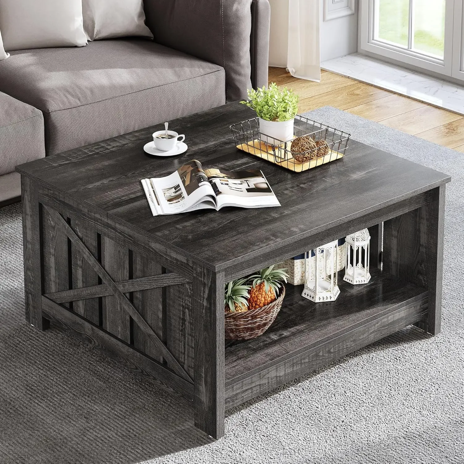 

Storage Rustic Wood Cocktail Table Square Coffee Table for Living Meeting Room Half Open Storage Compartment,Dark Rustic Oak