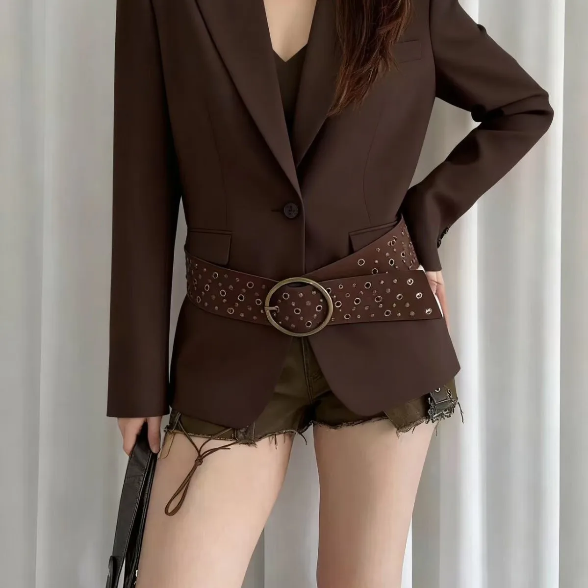 Euro american Retro Street Style Women Width 6.2cm Belt Hollow out Hoop Leather Fashion Special Ring Stitching Features Waisted