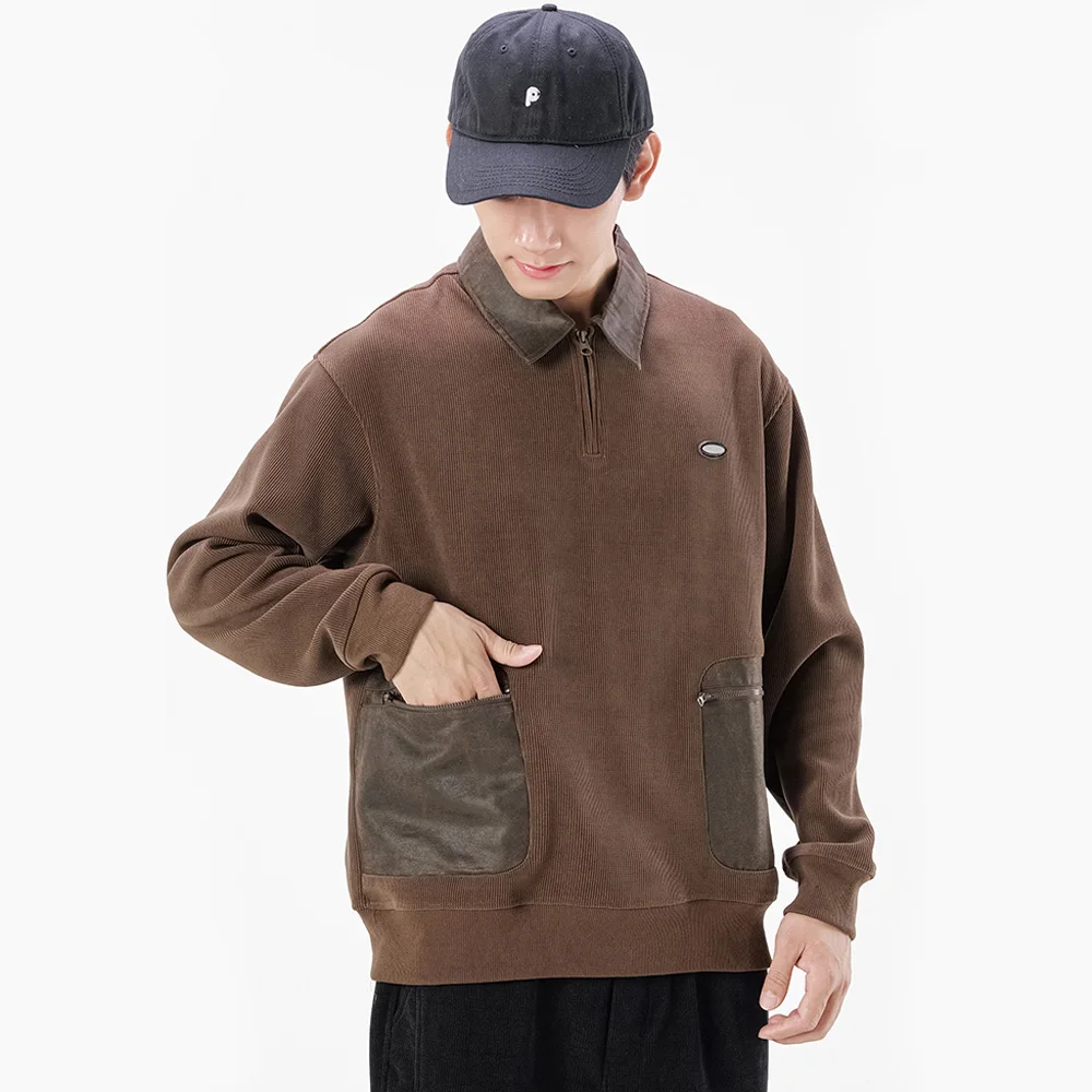 American Retro Autumn Pullover Sweatshirts Men Splice Pocket Streetwear Fashion Loose Casual Plus Size Hoodie Sweatshirt Top