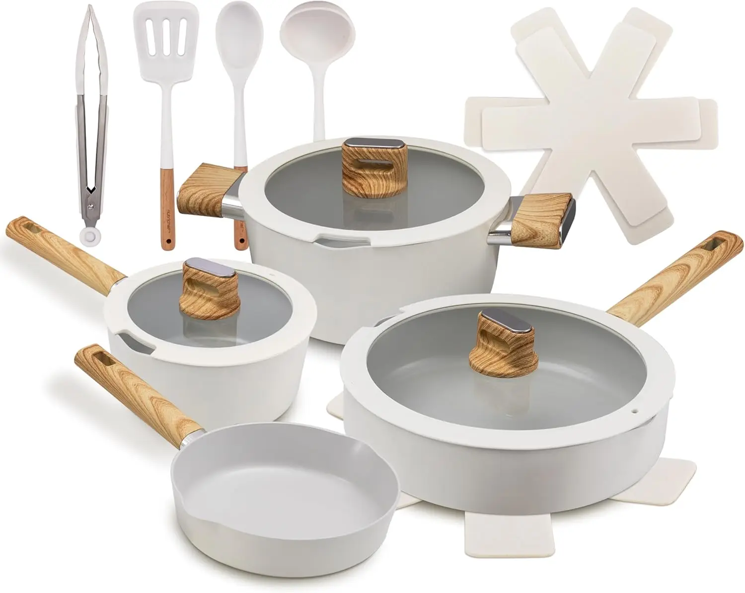 

14-Piece Ceramic Cookware Set with Glass Lids, Induction Safe, Dishwasher Safe, Cool-Touch Handles