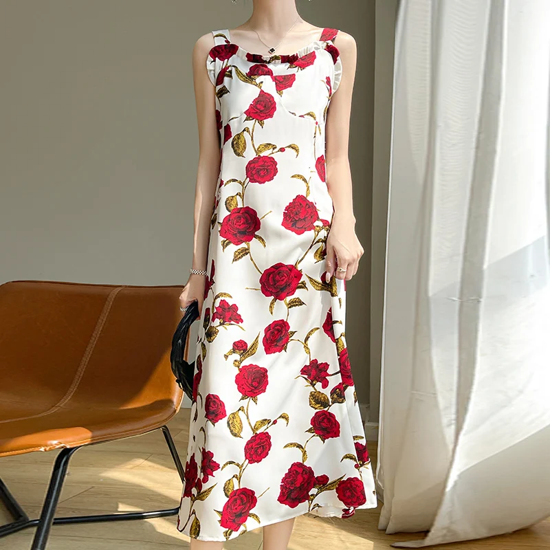 

24 Summer New Word Collar Wooden Ear Suspender Dress Female Loose Slim Temperament Floral Dress