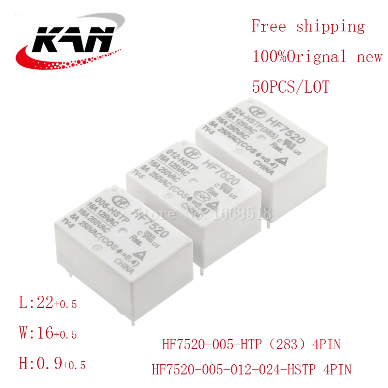 

Free shipping 50pcs relay HF7520-005-HSTP HF7520-012-HSTP HF7520-024-HSTP 5VDC 12VDC 24VDC 16A 250VAC 4PIN Original New