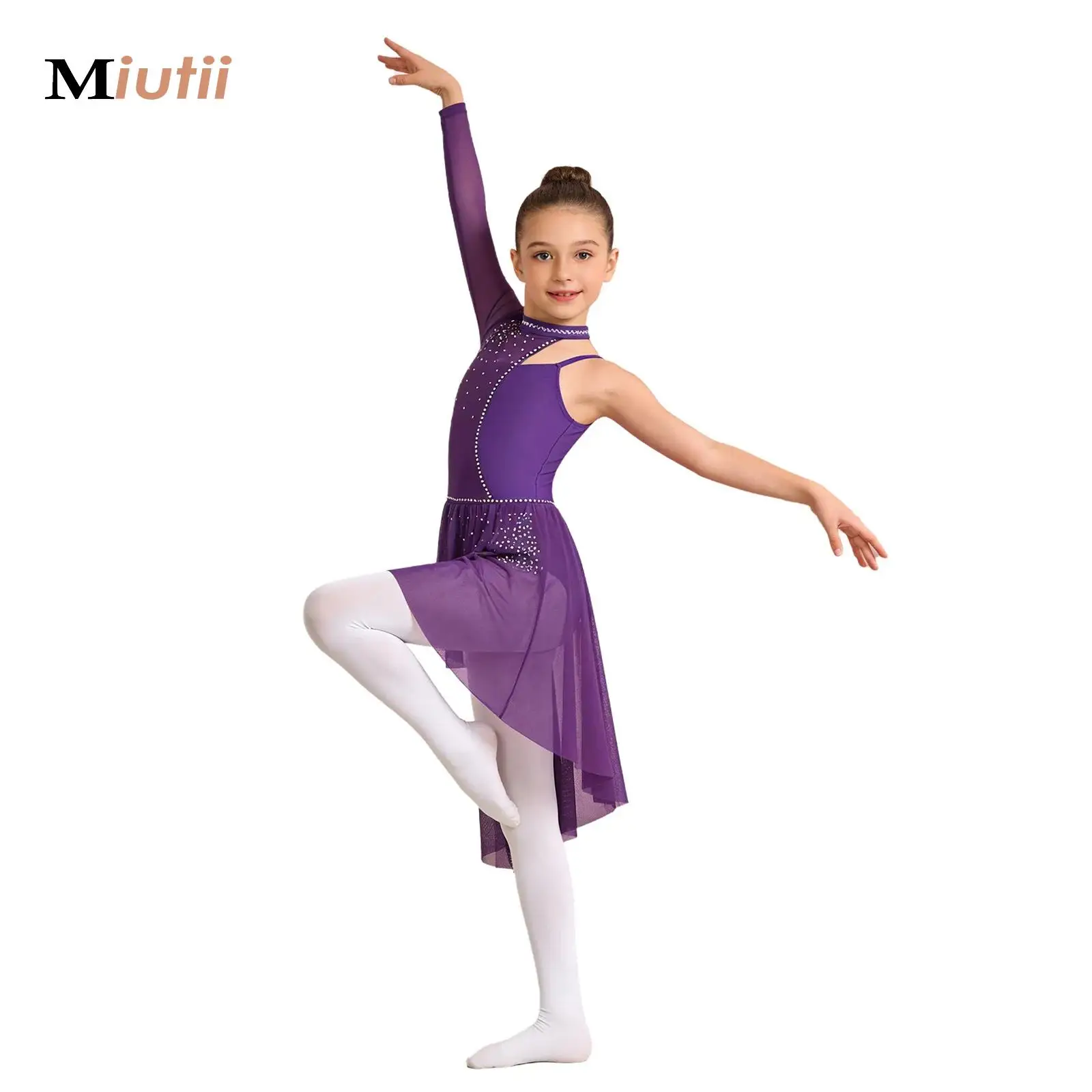 

Asymmetrical Lyrical Dance Dress Single Mesh Long Sleeve Irregular Hem Leotard Dress for Figure Skating Modern Dance Performance