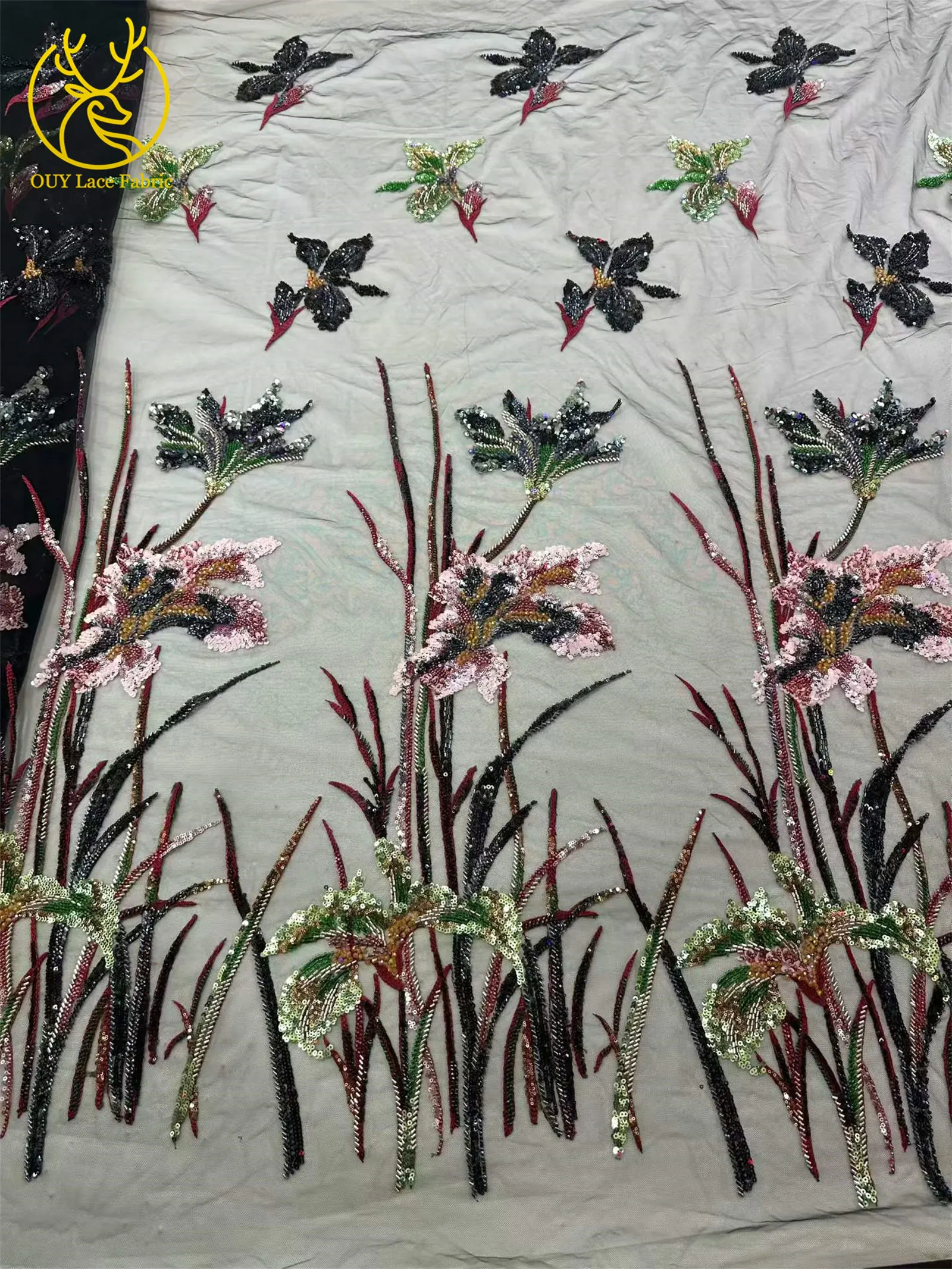 Modischer Afrikanischer Perlen-Pailletten-Spitzenstoff 2026 Hochwertiger Französischer Tüll Nigerianisches Damen-Abendkleid Nähzubehör 5 Yards – Detail 9