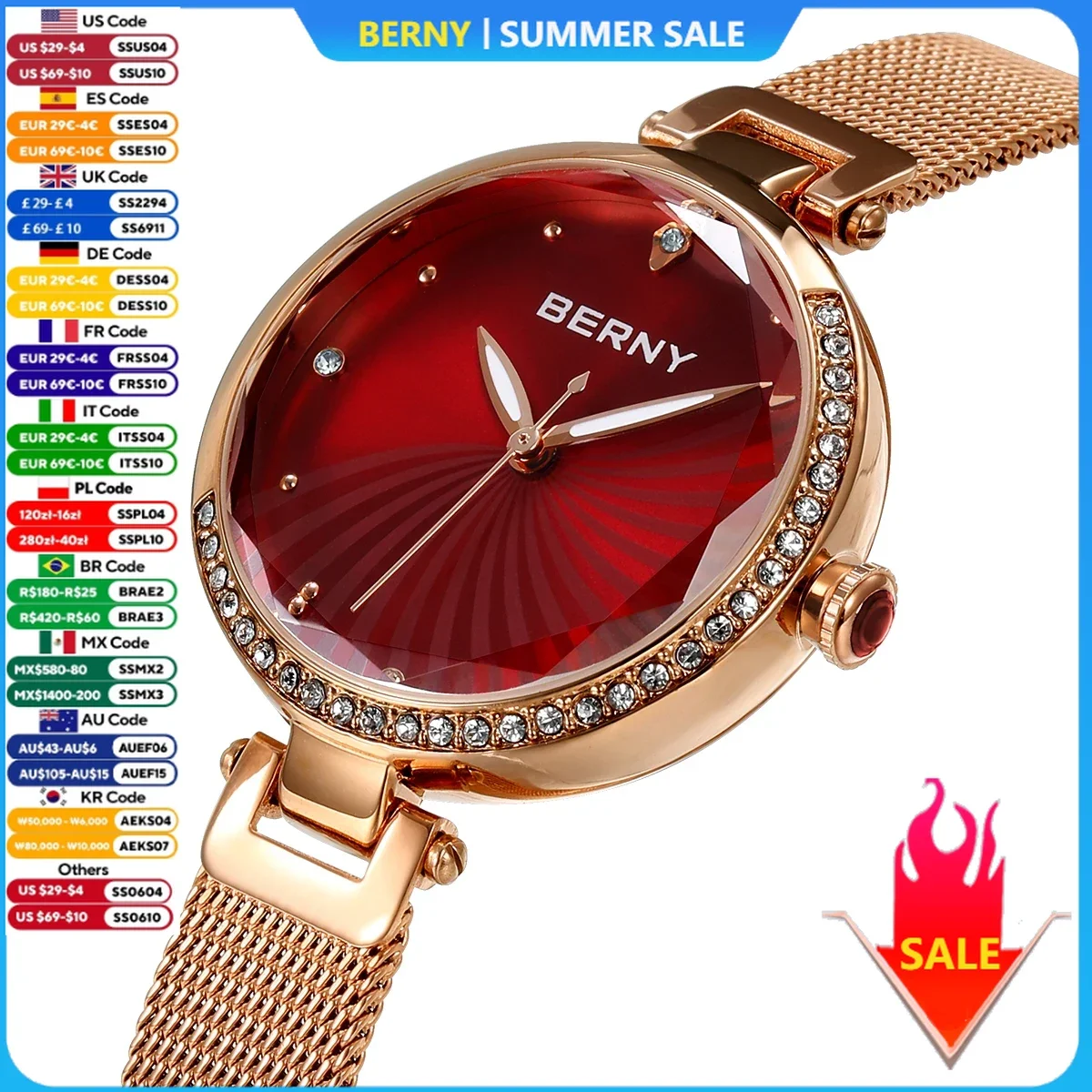 

BERNY Watch for Women Elegant Diamond Luxury Brand Woman Watches Adjustable S/S Strap Luminous Small Ladies Wristwatch
