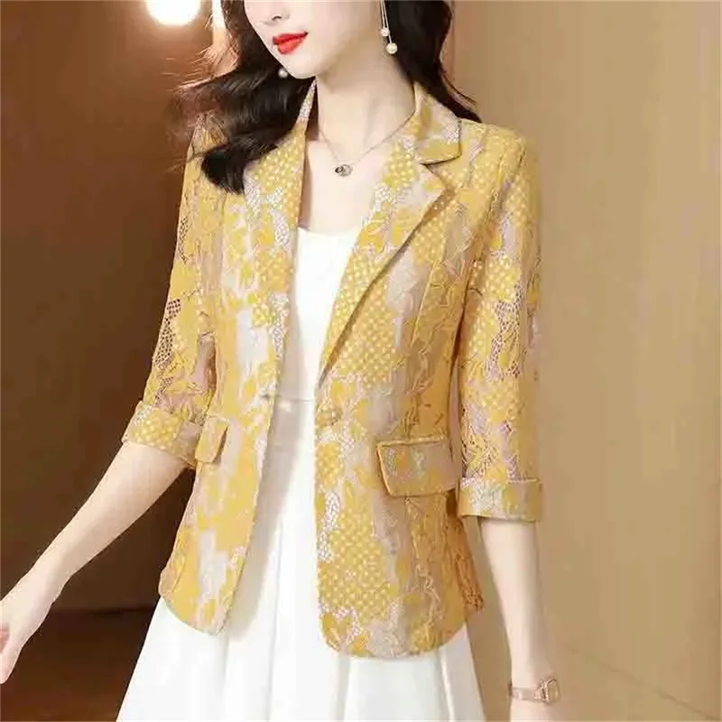 2024 Female Summer Thin Style Fried Street Print Lace Suit Jacket Women Korean Style Slim Three-Quarter Sleeve Blazer