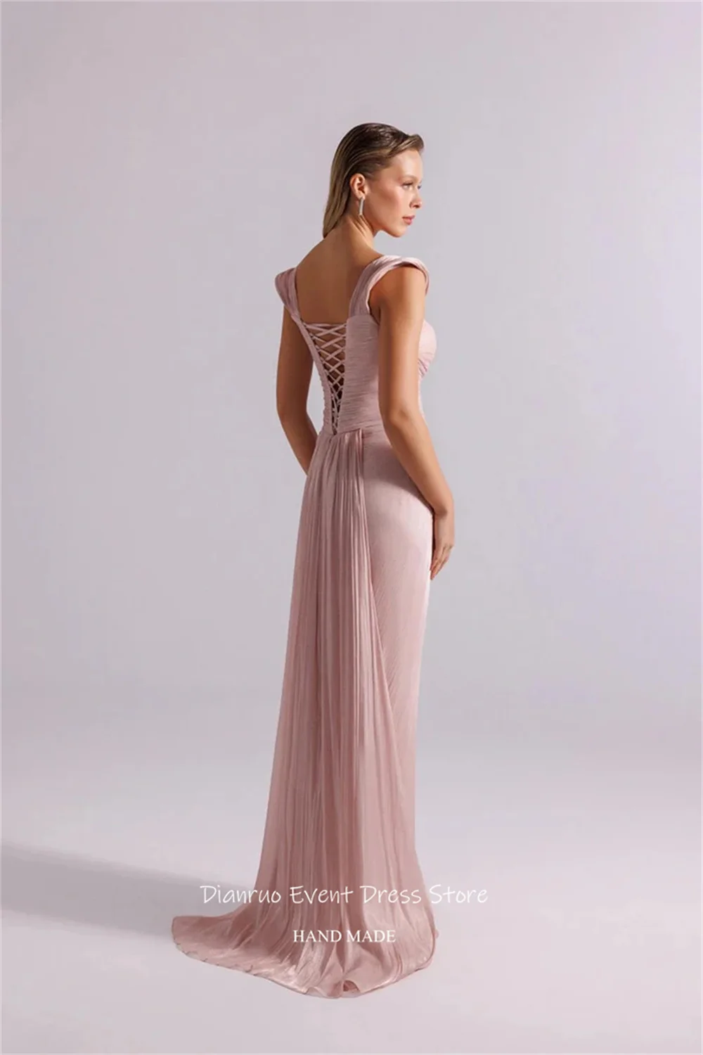 ชุดราตรี Dianruo สีชมพูฟูชั่น คอเหลี่ยม ผ้าชีฟอง แต่งระบาย ชุดเดรสออกงาน ผ่าข้างสูง ปี 2025 สำหรับผู้หญิง รับตัดตามสั่ง