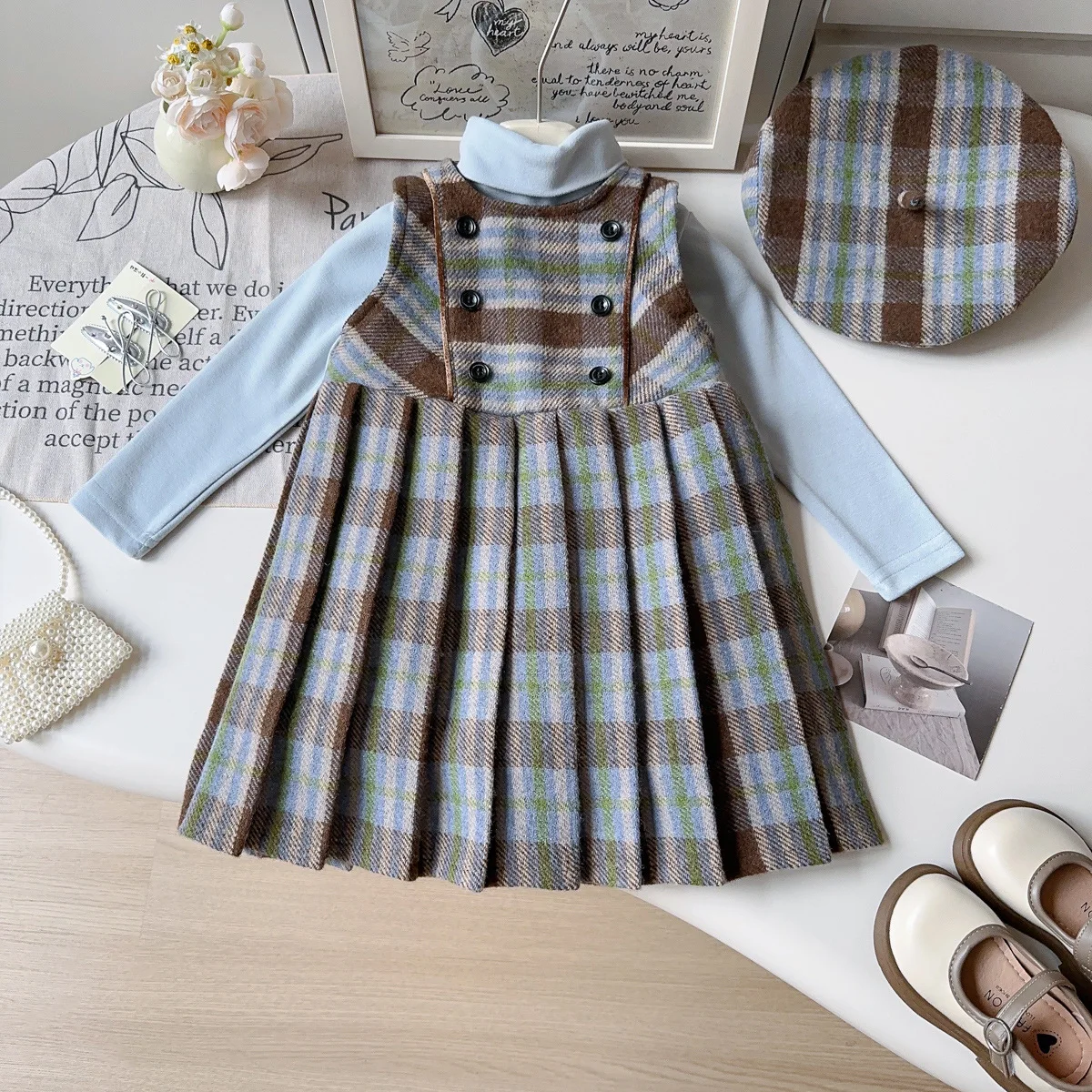 

Kids Girl Winter Clothes Set 2025 Retro Plaid Thick Warm Sleeveless Princess Dress Add Fleece Children Girl Woolen Dress+hat
