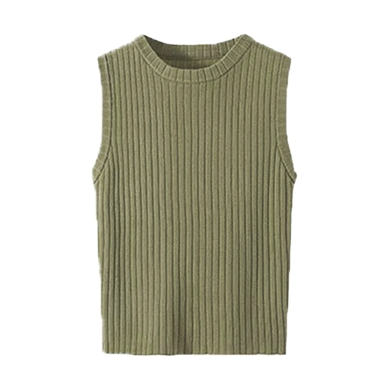 Damen-Pullover aus geripptem Strick, ärmellos, für Tank-Top, O-Ausschnitt, einfarbig, schmal,