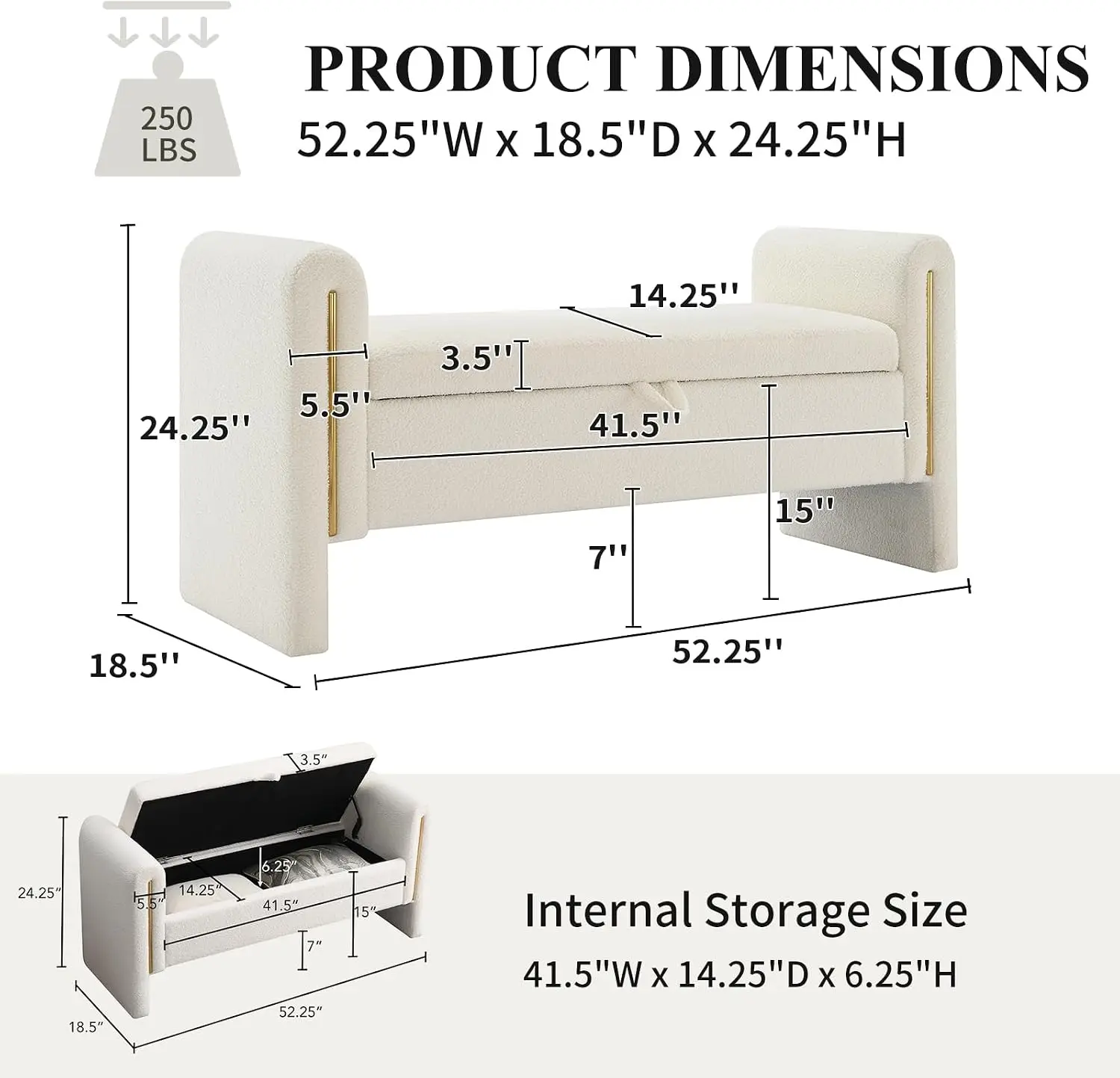 Storage Ottoman Bench Teddy Upholstered Storage Bench With Armrest Entryway Bench End Of Bed Bench With Cushion Window Bench For Living Room White