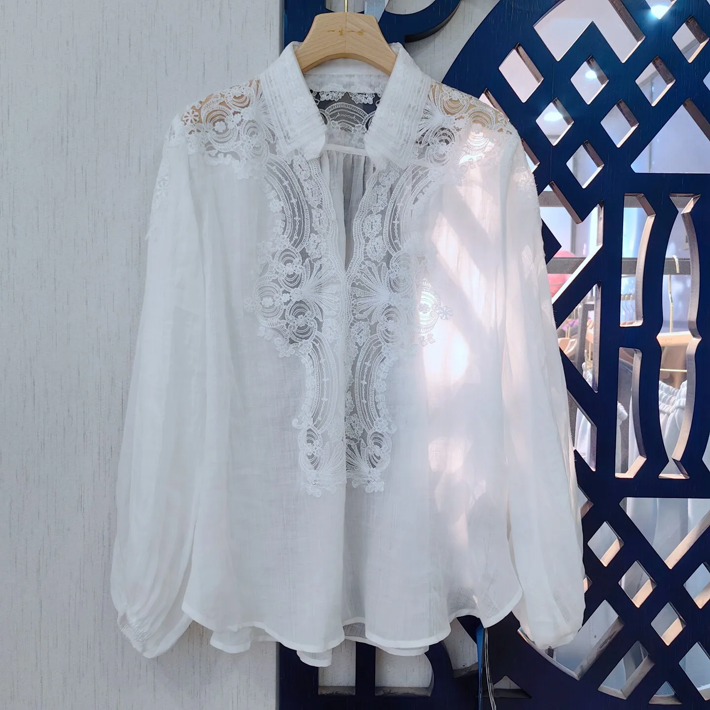 

Spring And Summer 2026 New French Court Lapel Lace Embroidered Hollow All-match Ramie Shirt Top For Women