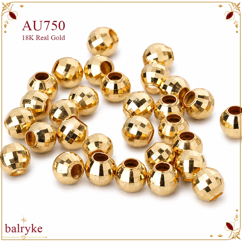 10 beads 18K real Gold Sparkle Cut Round Spacer AU750 Beads Hole for DIY Bracelet Necklace Fine Jewelry Making Accessories