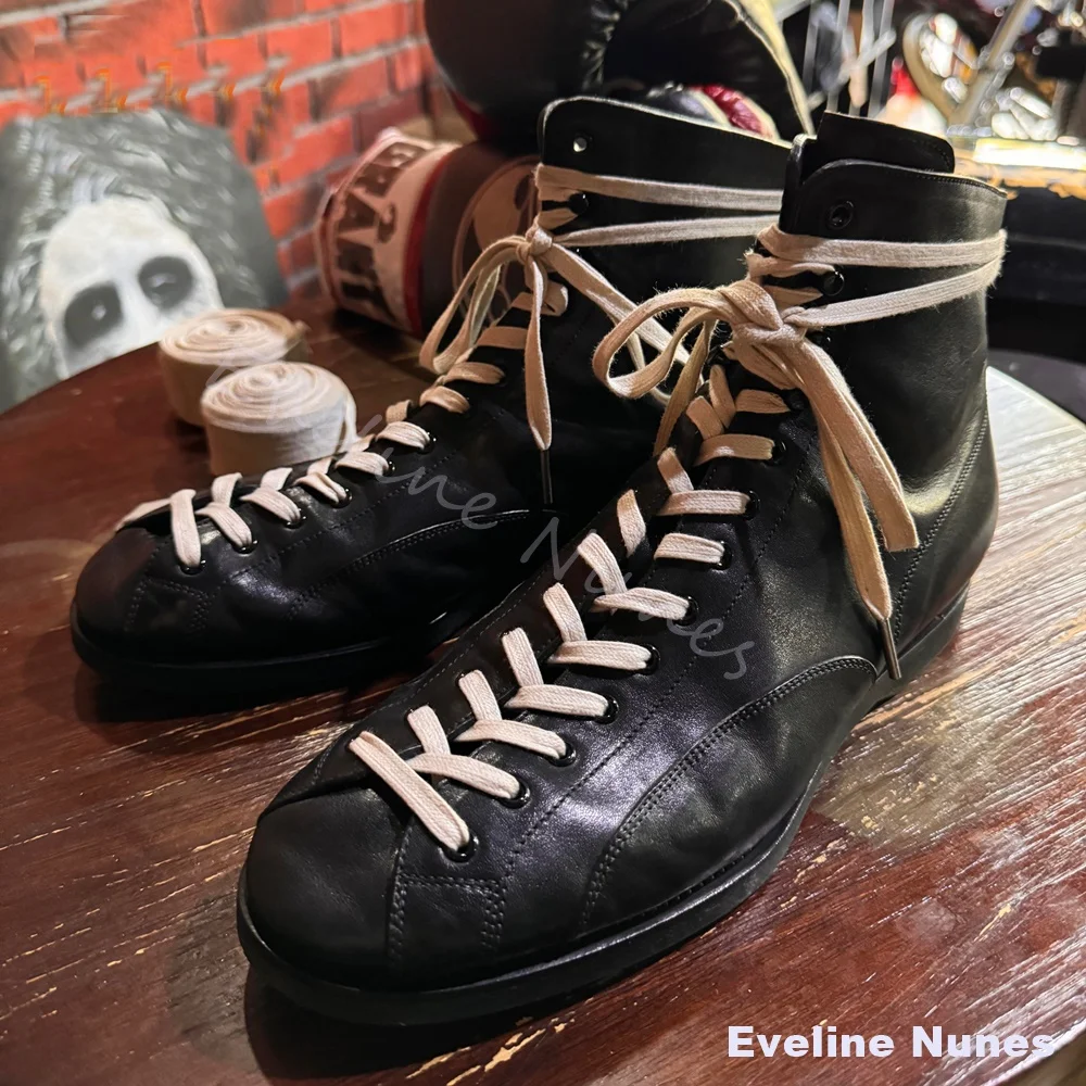 Retro Boxing Style High Top Sneaker Boots Men Round Toe Stitched Panel Flat Sole Lace‑Up Short Boots Street Casual Daily Shoes