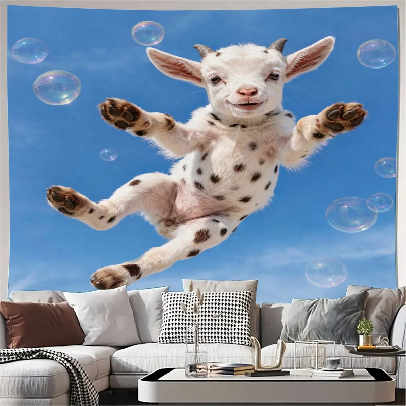 Cute Lamb Floating in Sky Tapestry Whimsical Goat Animal Bubble Print Wall Decor Nursery Room Modern Home Accent Canvas Art
