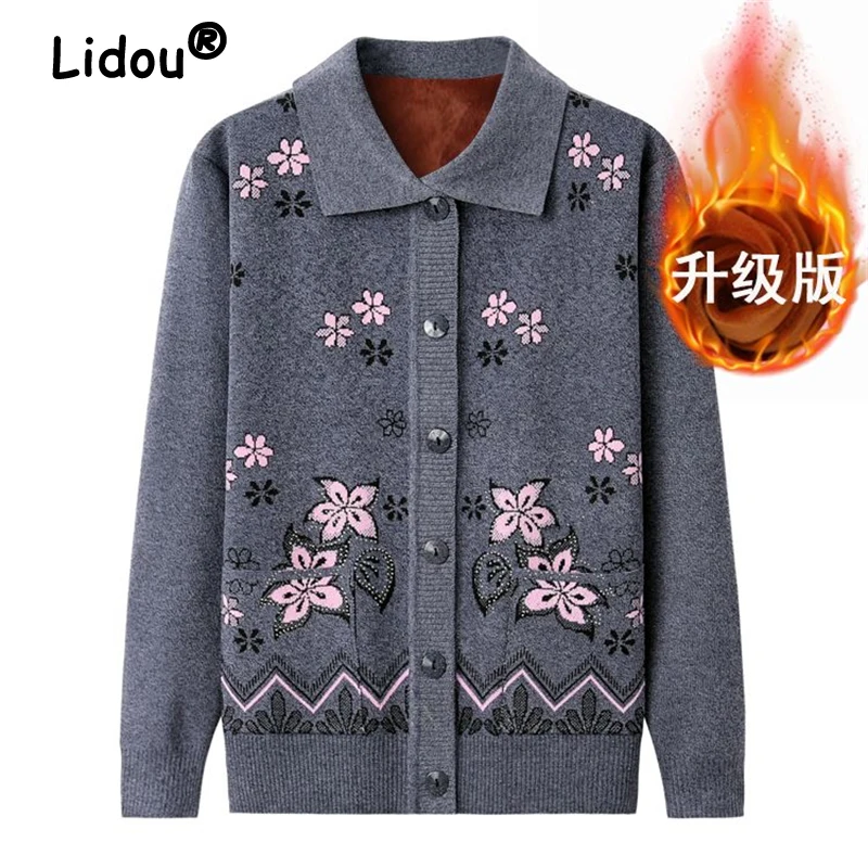 Middle-aged and Elderly Women Vintage Floral Plush Thick Button Knitted Cardigan Autumn Winter Ladies Casual Long Sleeve Sweater