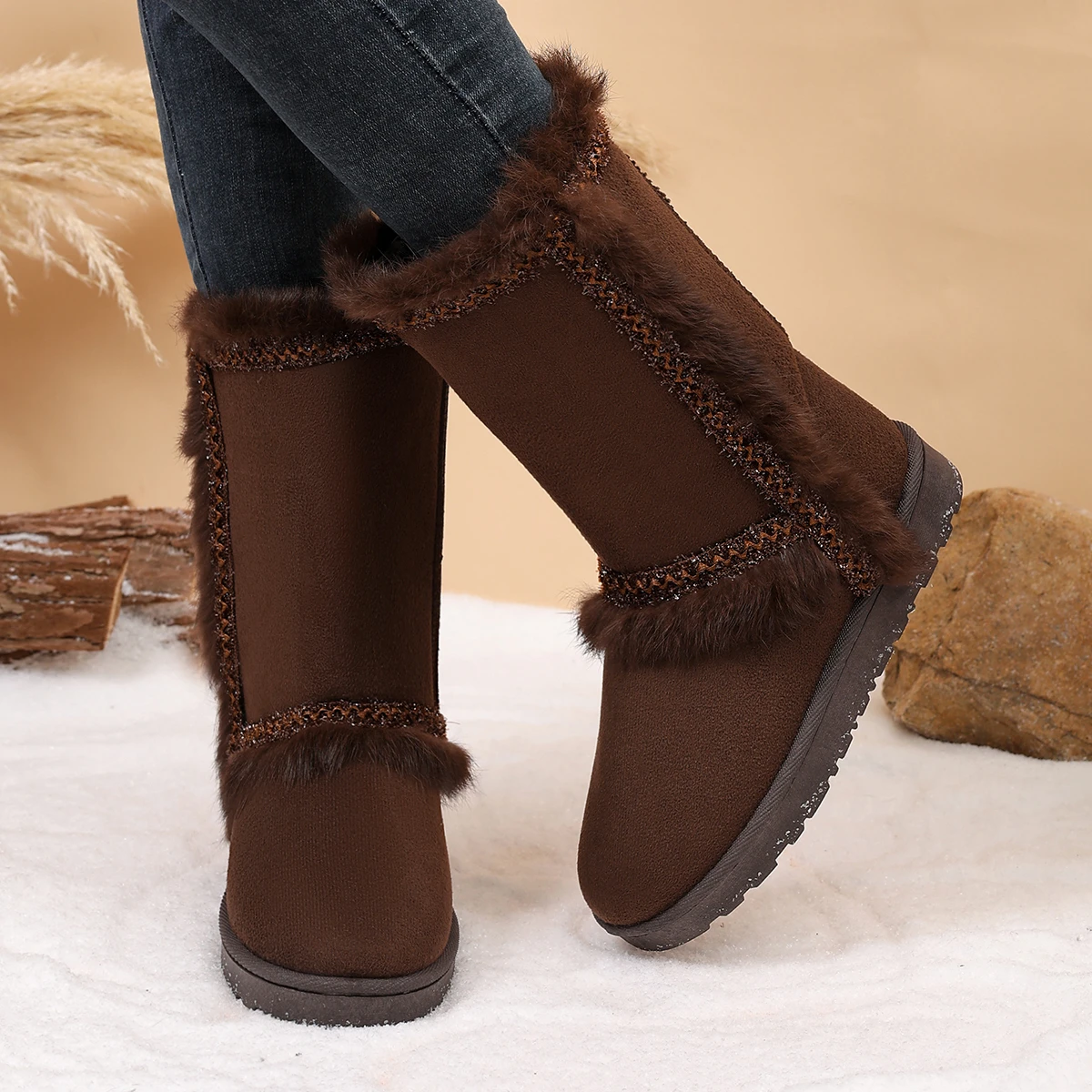 Elegante Winterstiefel mit Rundem Zeh, Sexy, Rutschfest, Lässig, Mittellang, Modisch, Neu, Bequem, Große Größen, Damenstiefel – Detail 8