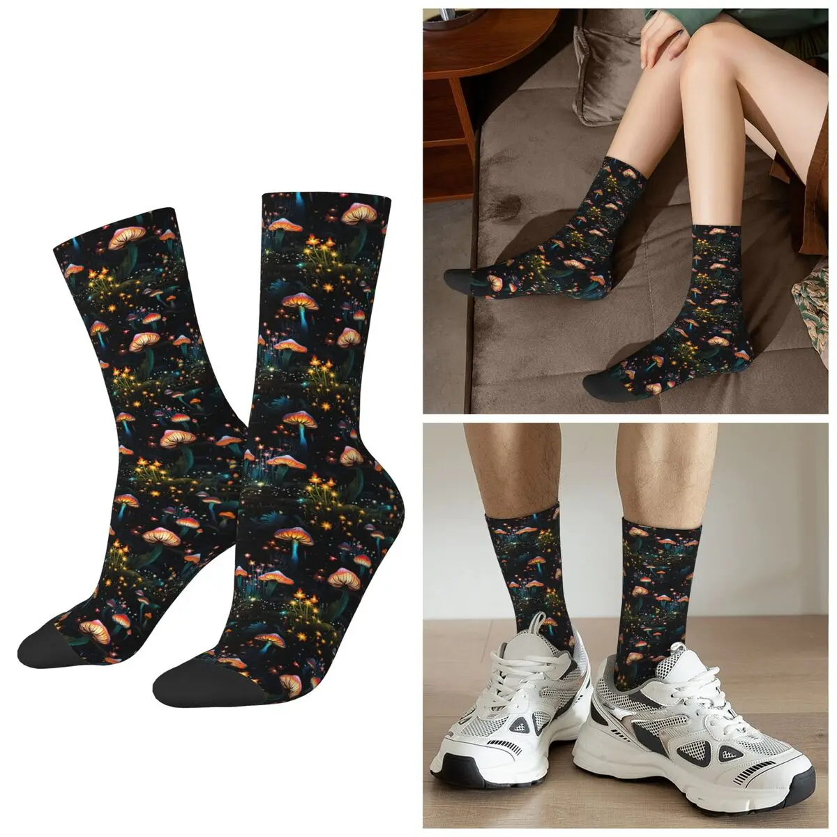 

All Seasons Mushroom Forest Illuminated Glowing Woodland Path Socks Harajuku Sport Middle Tube Socks High Quality Stockings
