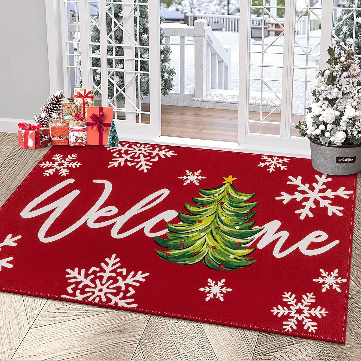 Christmas Welcome Doormat, Non Slip Red Christmas Tree Front Door Mats for Entryway Indoor Outdoor, Washable Low Profile Floor