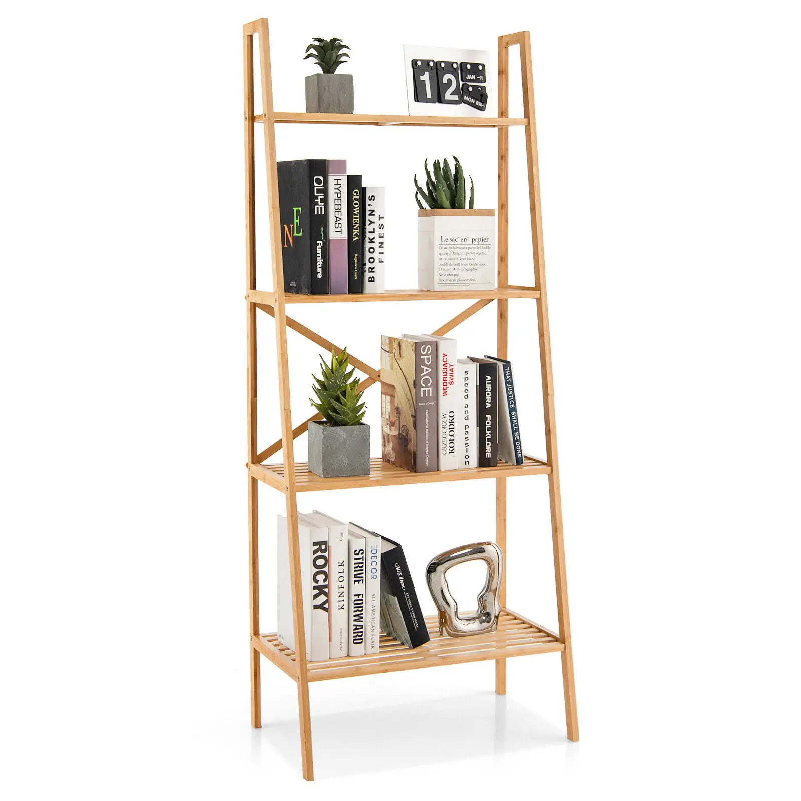 Costway 4-Tier Bamboo Ladder Bookshelf 58” Display Shelf Storage Rack Plant Flower Stand