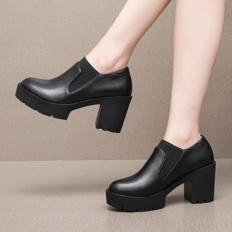 

8cm Small Size 32-43 Thick Heels Platform Pumps Women 2025 Autumn Black Leather Shoe High Heels Wedges for Feet Office Model Mom