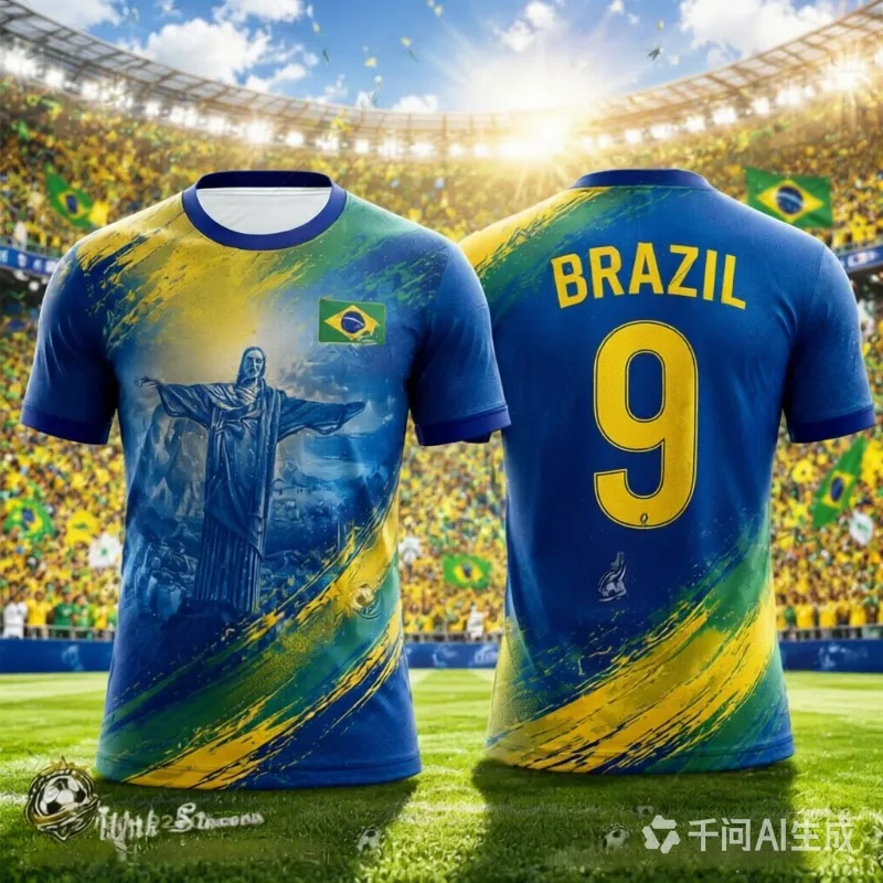 Brazil National Team Soccer Jersey, Hot‑selling New No.9 Breathable Loose T‑Shirt Decorated with Christ the Redeemer Pattern