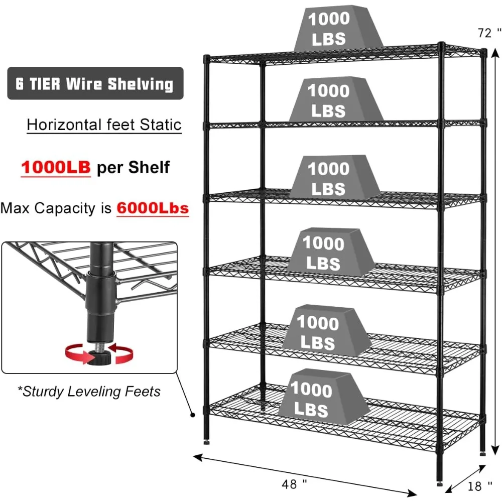 6 Tier Storage Shelves, 5999 Lbs Capacity Metal Shelf with Wheels Height Adjustable NSF Certification 48