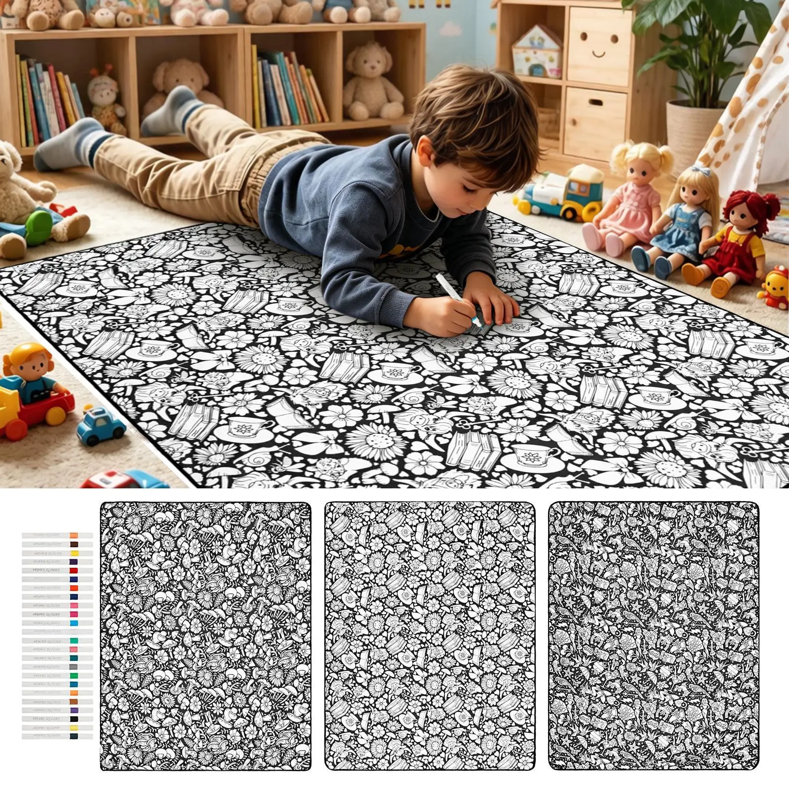 Coloring Blanket 150x115cm Reusable Washable Mat with 24 Markers Colorable Blanket for Adults Kids DIY Crafts Travel home use