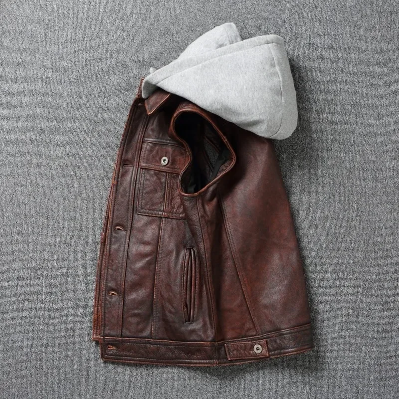 Herren Weste Kapuze echte Rindsleder Westen schwarz Vintage rotbraun Motorrad Biker Reit weste Echt leder Weste