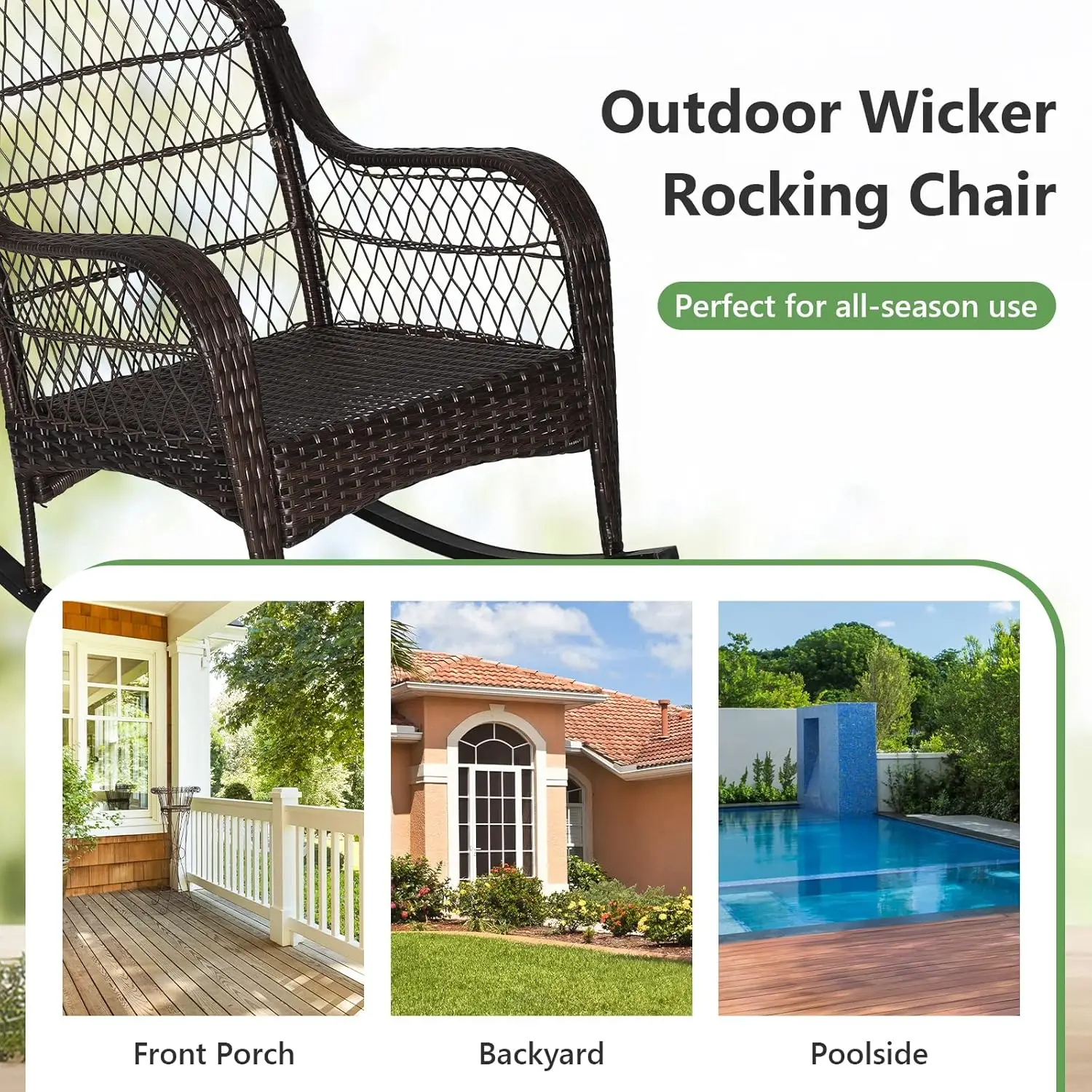 Outdoor Wicker cadeira de balanço, pátio Rattan Rocker com travesseiro lombar, assento acolchoado e almofadas traseiras, Metal Frame móveis
