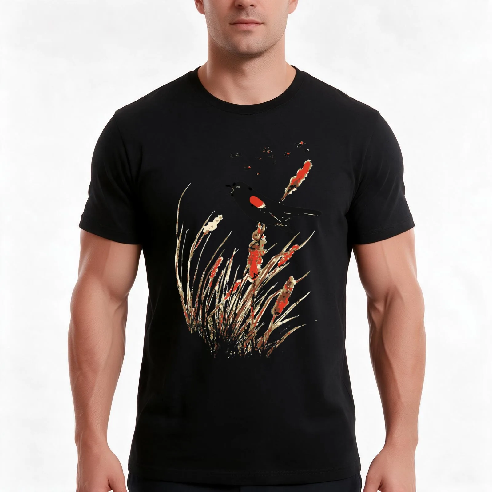 Watercolor Red Wing Blackbird Bird Nature Art T-Shirt, Summer Casual Cotton Tee, Oversized Streetwear Tops, Unisex Men Women