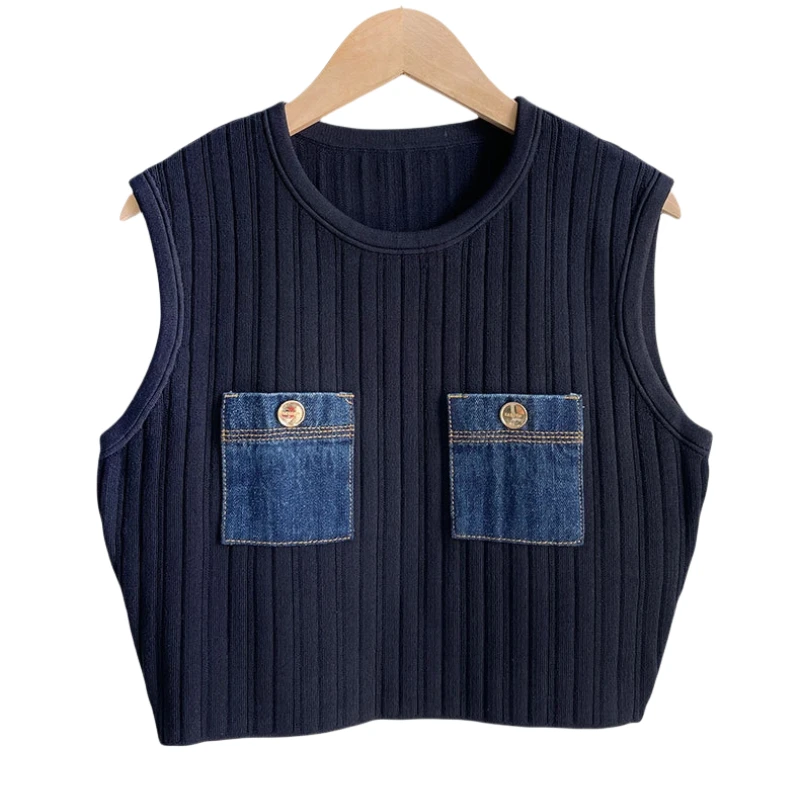 

Summer Women Slim Short Knitted Skirt Set Sleeveless Cowboy Pocket Splicing O-Neck Fashion Pullover Tank Top for Female