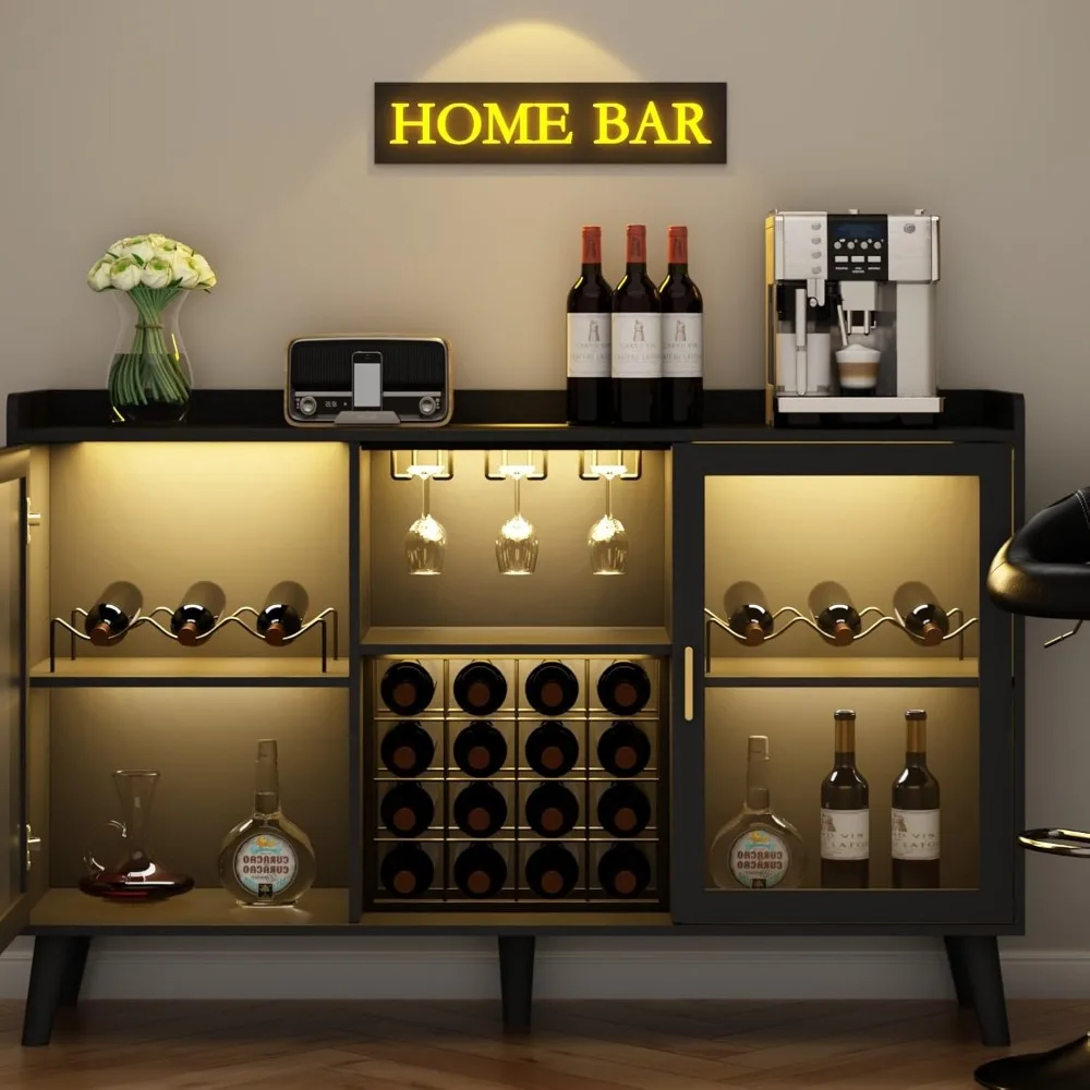 Wine Bar Cabinet with LED Light, Home Coffee Cabinet with Wine Rack and Glass Holder, Kitchen Buffet Sideboard W Storage