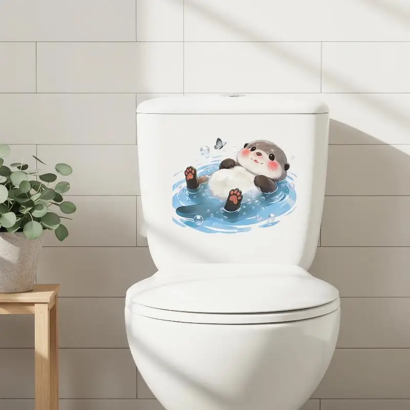 Creative Otter Toilet Tank Sticker Ocean Wave Waterproof Vinyl Decal Self-Adhesive Wall Art for Home Restroom Decor