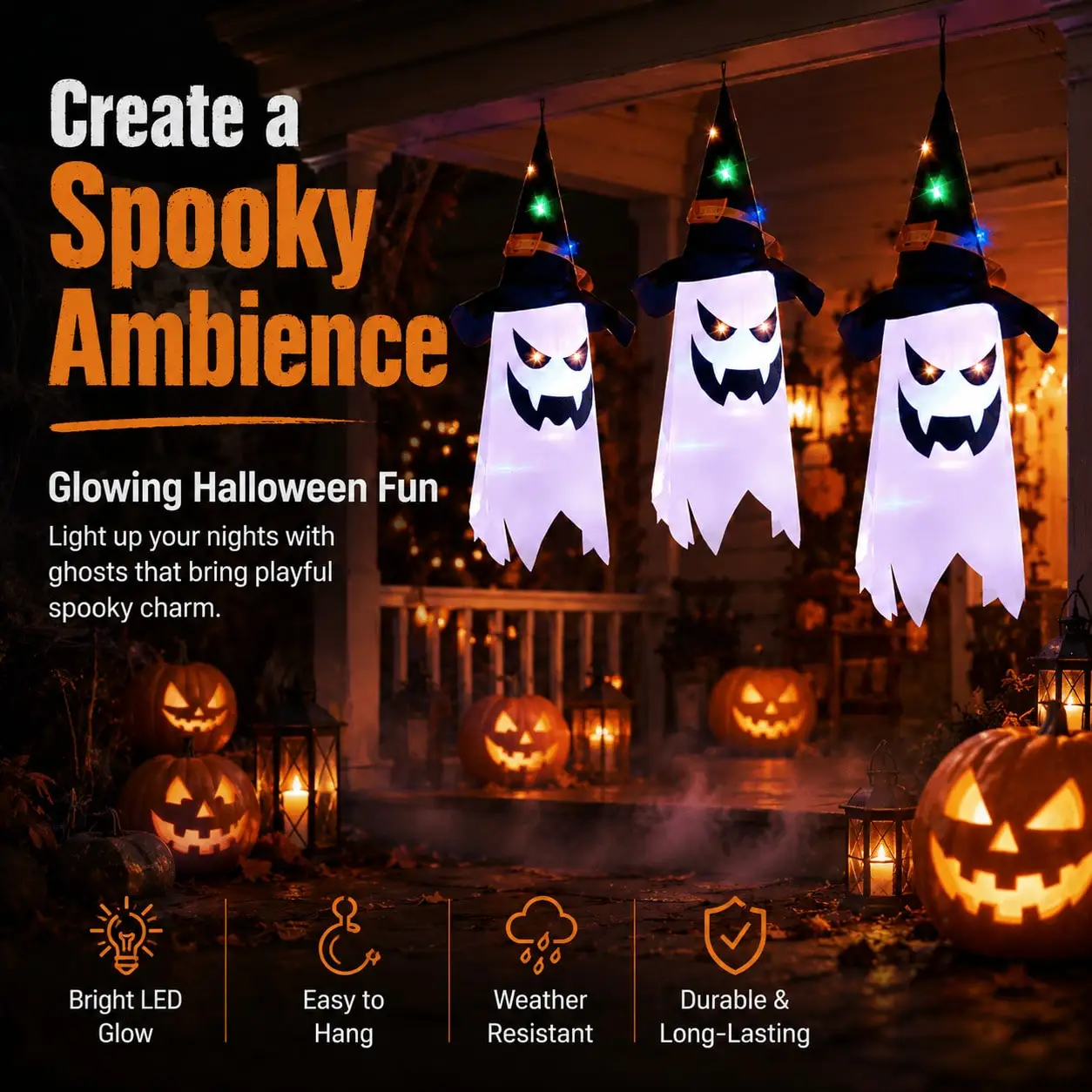3pcs Enchanted Witch Hat Ghost Lantern - Distinctive Halloween Spooky Accent, Glowing Witch Ghost Pendant - Uncommon Halloween Atmosphere Maker, Hanging Outdoor String Lights Glowing Witch Hat