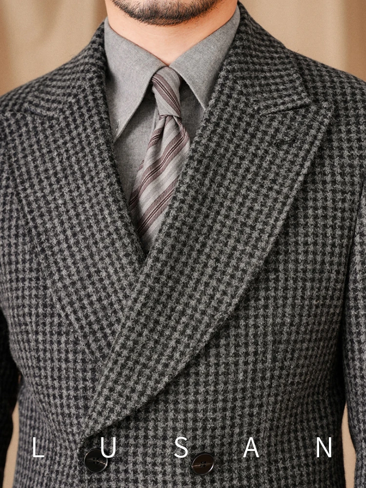 Mr. Lu San British business retro plaid double-breasted long coat 80% wool Italian trendy men