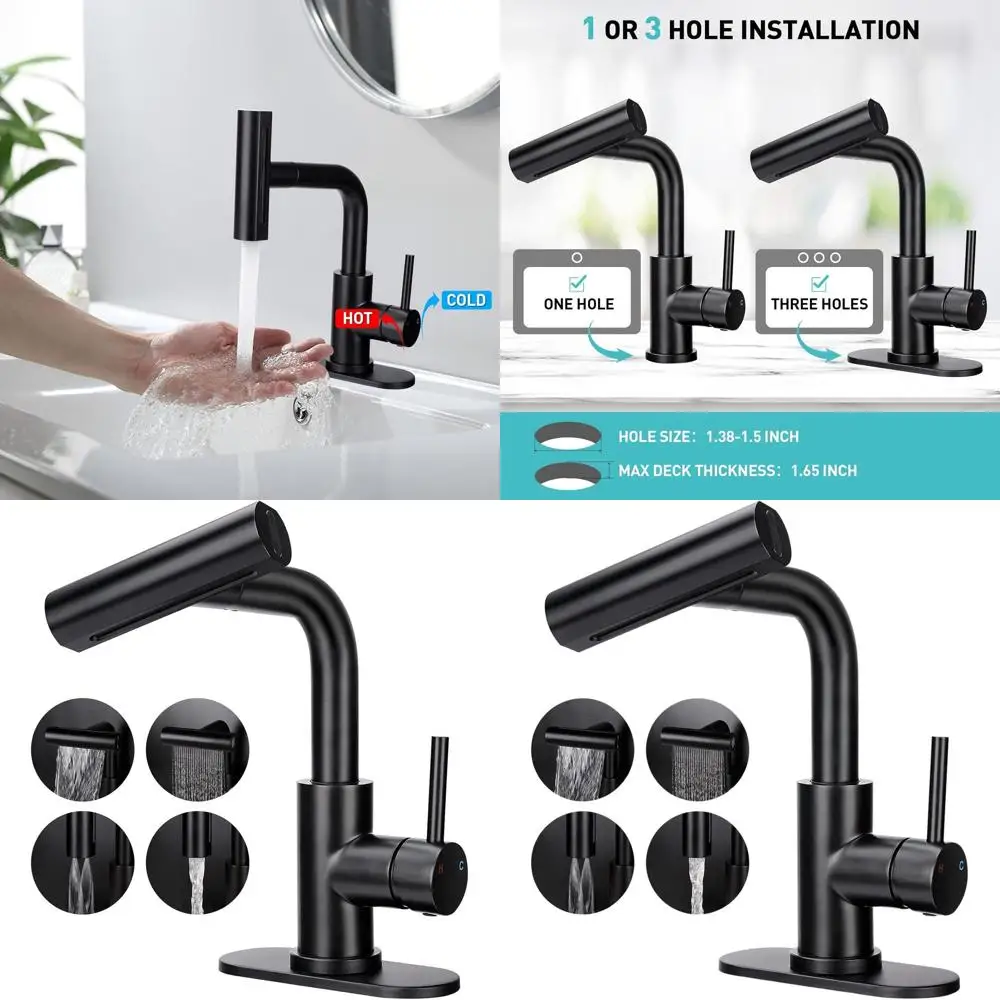 

Матовый черный выдвижной смеситель с распылителем и 4-режимным распылителем, одной ручкой для раковины в ванной комнате с выдвижным сливом