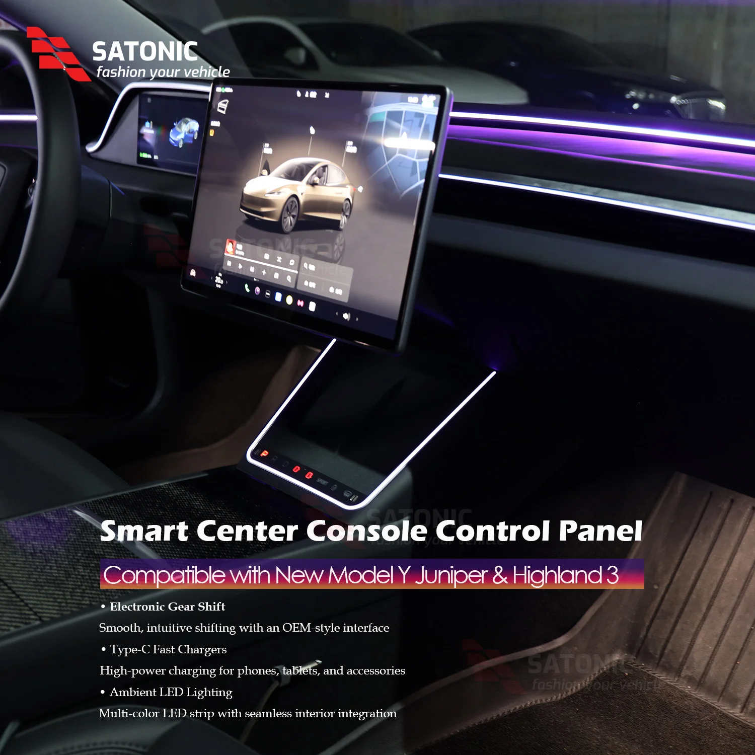 SATONIC 2026 Model Y Juniper Wireless Charger Ambient LED With Dual Type-C Quick Charge Gear Shift For Tesla Model 3 Highland