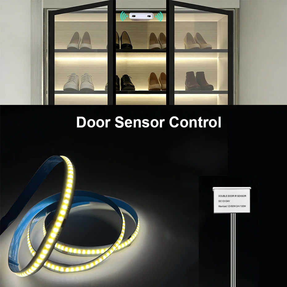 ダブルドアセンサー制御アンダーキャビネットライト-24v-cob-led-ストリップライトショーケースワードローブランプルームキッチンクローゼット照明用