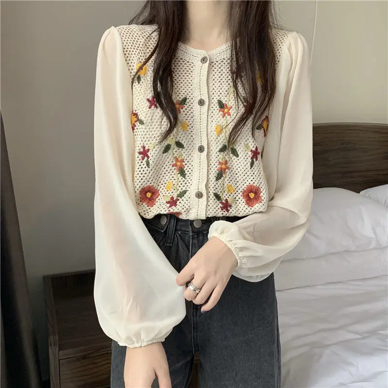 

Spring/Summer Cardigan Blouse Female Retro Hong Kong Top Long Sleeve Sunscreen Cardigan Embroidery Short Cardigan Coat Women