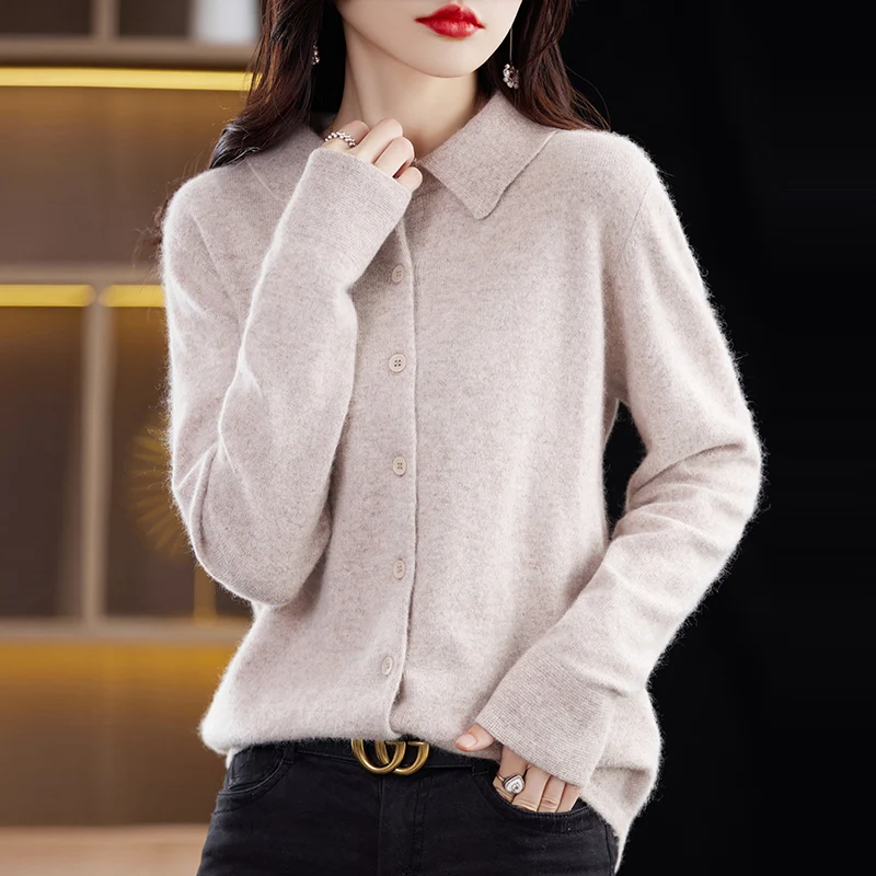 100% Mink Cashmere Sweater Women\'s Clothing New Top PoLo Collar Knitted Cardigan Autumn Winter Warm Jacket Casual Long Sleeved