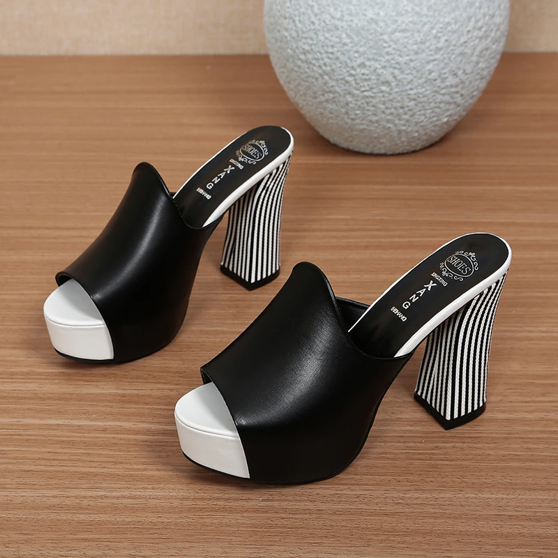 Sommermode Damen-Sandalen Sexy Peep-Toe High Heels Elegante Damen-Sommersandalen Dickbesohlte PU Atmungsaktive Freizeitpantoffeln