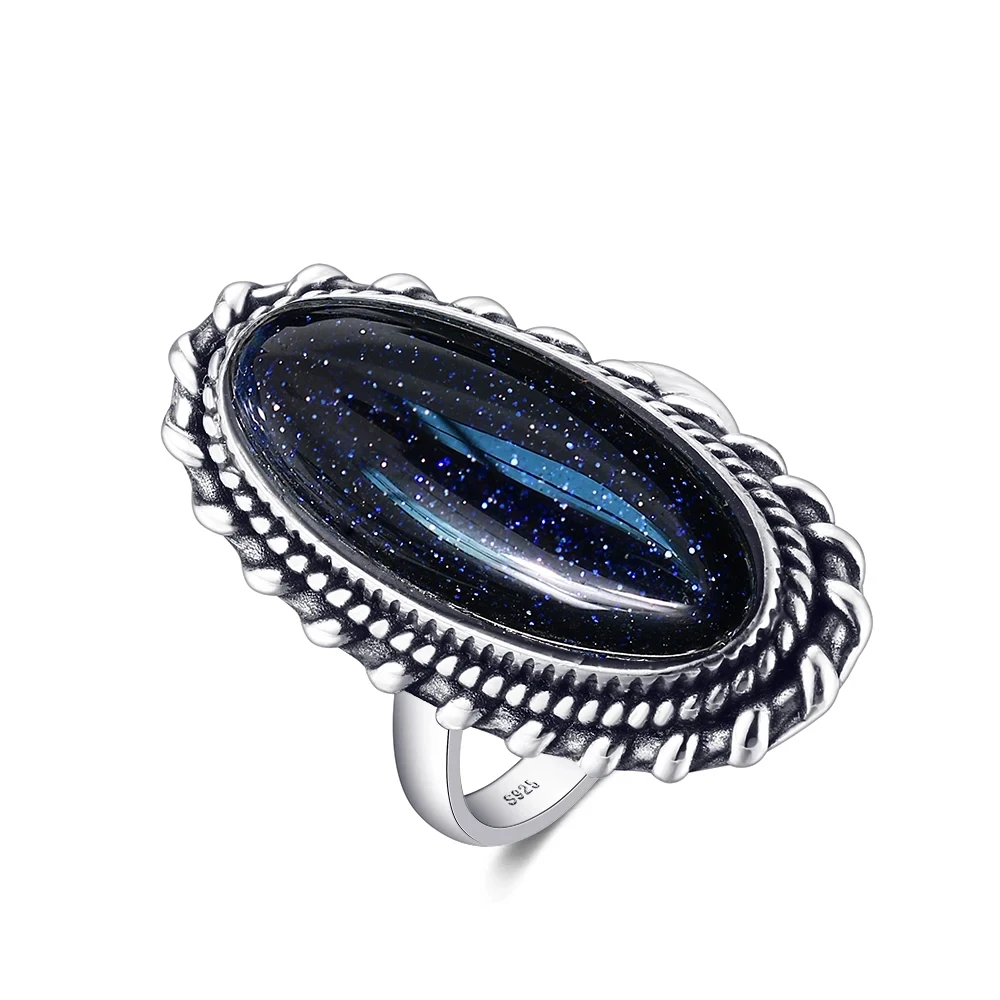 Women's Retro Silver Vintage Blue Sandstone Ring, 925 Sterling