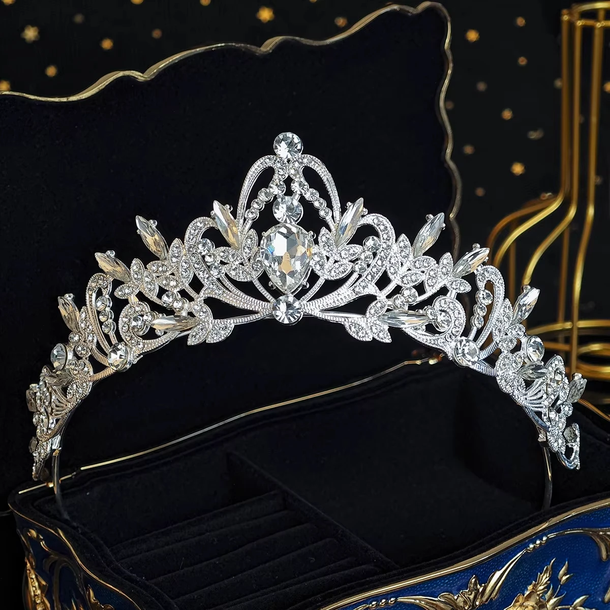 Bridal Rhinestones Silver Color Tiaras for Women Hollow Out Flower Leaf Hair Crowns Charms Wedding Party Hair Accessories Gift A