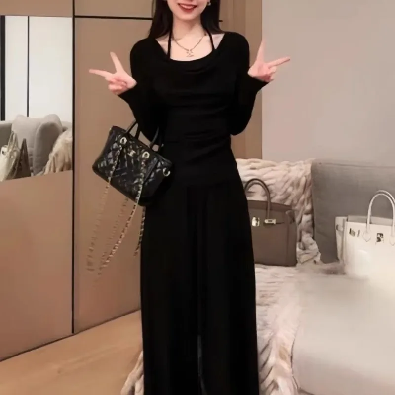 A Complete Set of Women's Pure Desire, Fake Two-piece Tops, Wide-leg Pants, and A and Sassy Suit New Pre-autumn Fashion Outfits